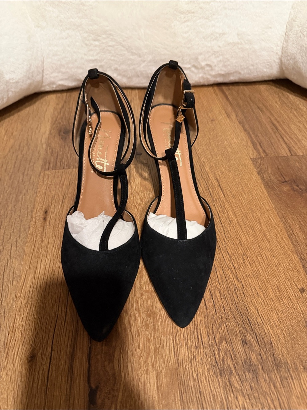 Black Pointed T-Strap Women's Heels